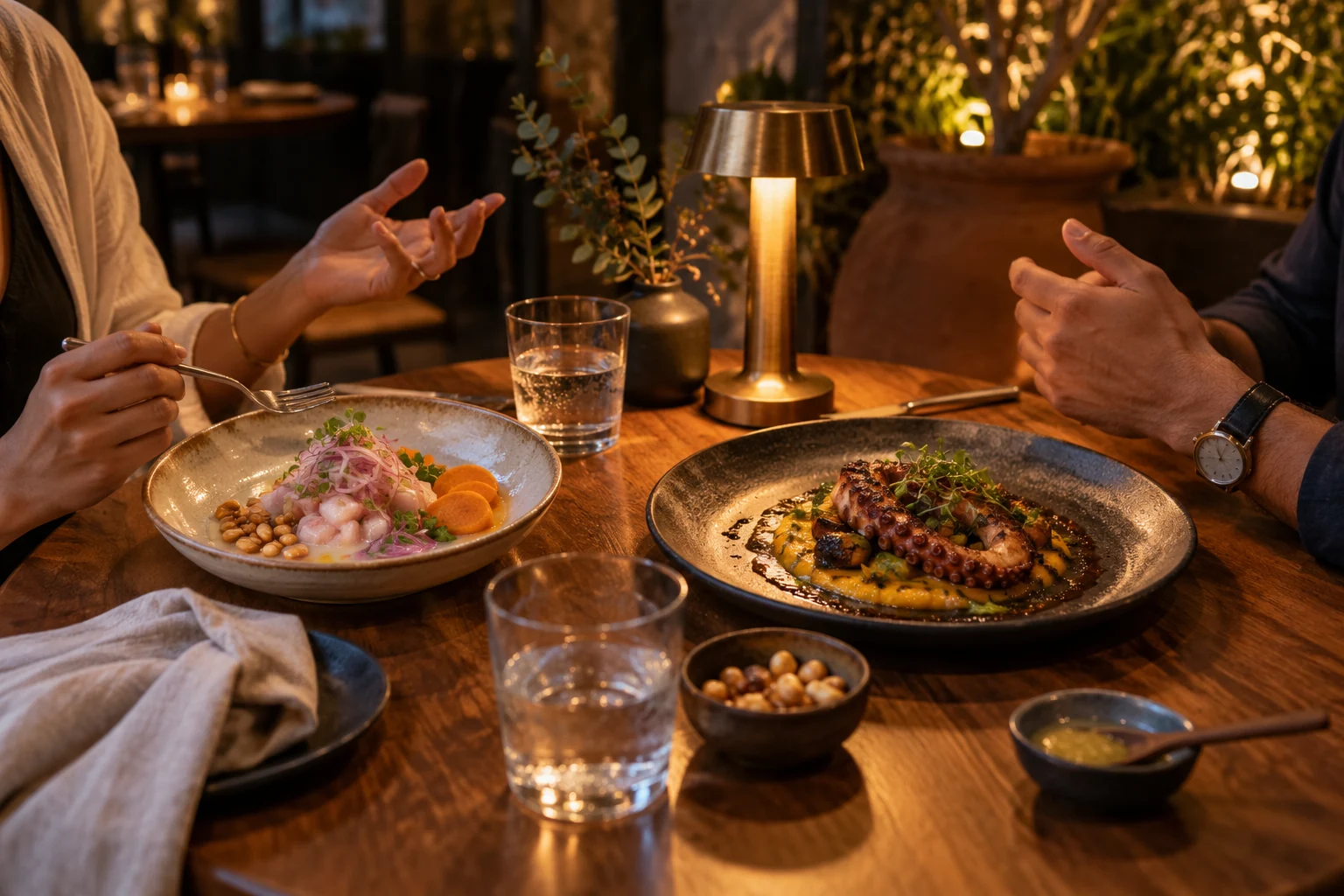 Two diners sharing food and conversation
