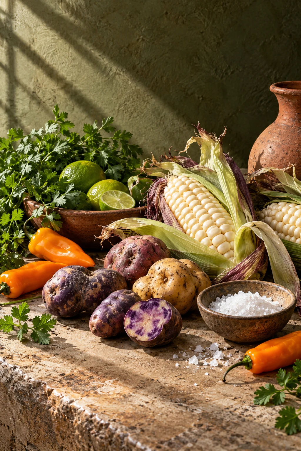 Peruvian potatoes, corn, peppers and herbs